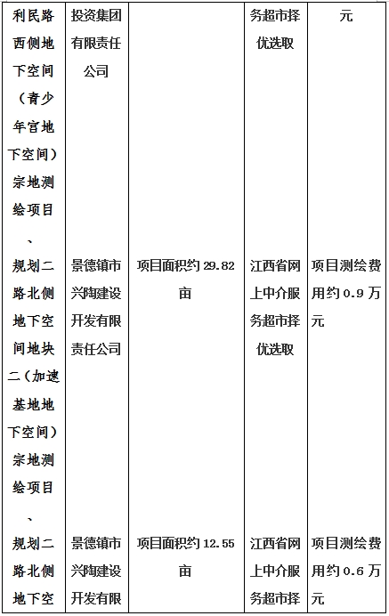 景德鎮(zhèn)市昌南新區(qū)LJ1-03-A01-1地塊、瓷都大道東側(cè)中渡口地下空間（格蘭云天大酒店地下空間）、光明大道北側(cè)利民路西側(cè)地下空間（青少年宮地下空間）、規(guī)劃二路北側(cè)地下空間地塊二（加速基地地下空間）、規(guī)劃二路北側(cè)地下空間地塊一（加速基地地下空間）、景德大道南側(cè)天寶橋西側(cè)地塊、景興大道東側(cè)如意路北側(cè)地下空間(社會(huì)公共服務(wù)