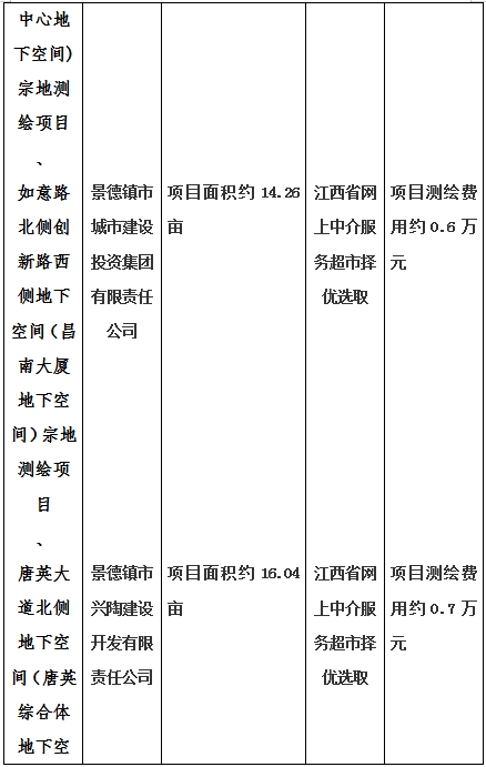 景德鎮(zhèn)市昌南新區(qū)LJ1-03-A01-1地塊、瓷都大道東側(cè)中渡口地下空間（格蘭云天大酒店地下空間）、光明大道北側(cè)利民路西側(cè)地下空間（青少年宮地下空間）、規(guī)劃二路北側(cè)地下空間地塊二（加速基地地下空間）、規(guī)劃二路北側(cè)地下空間地塊一（加速基地地下空間）、景德大道南側(cè)天寶橋西側(cè)地塊、景興大道東側(cè)如意路北側(cè)地下空間(社會(huì)公共服務(wù)
