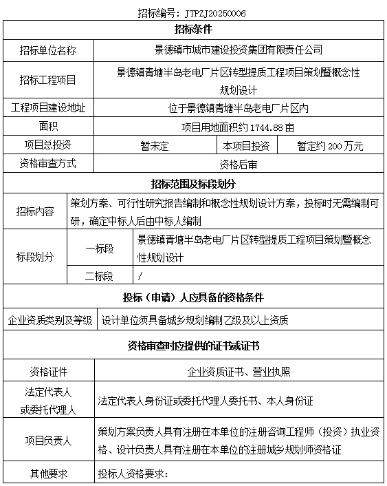 景德鎮(zhèn)青塘半島老電廠片區(qū)轉型提質工程項目策劃暨概念性規(guī)劃設計招標公告