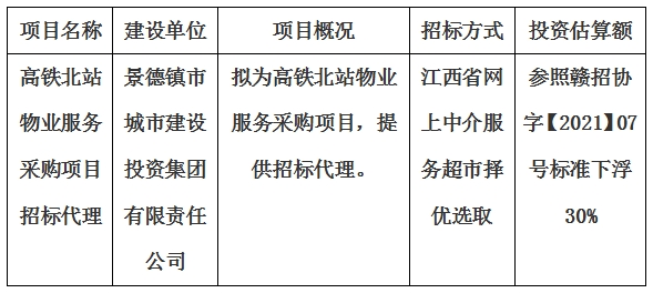 高鐵北站物業(yè)服務(wù)采購(gòu)項(xiàng)目招標(biāo)代理計(jì)劃公告