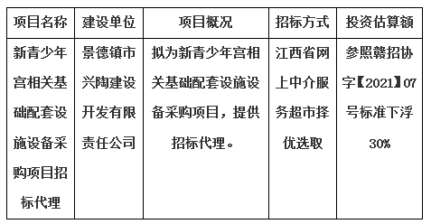新青少年宮相關(guān)基礎(chǔ)配套設(shè)施設(shè)備采購項(xiàng)目招標(biāo)代理計(jì)劃公告