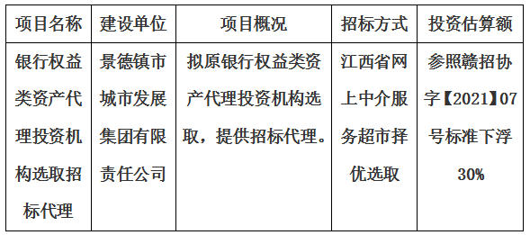 銀行權(quán)益類資產(chǎn)代理投資機構(gòu)選取招標(biāo)代理計劃公告